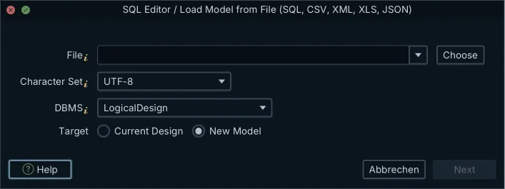 DbSchema import dialog with SQL DDL chosen as the source format and a DBMS dropdown selecting the dialect to parse