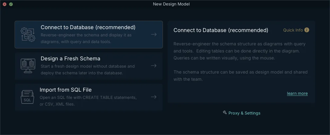 DbSchema's New Design Model dialog offering Design a Fresh Schema, which starts a design model without a database and deploys the schema later