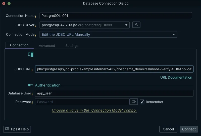 DbSchema database connection dialog in Edit the JDBC URL Manually mode, with a PostgreSQL JDBC URL carrying sslmode=verify-full and a separate database user field