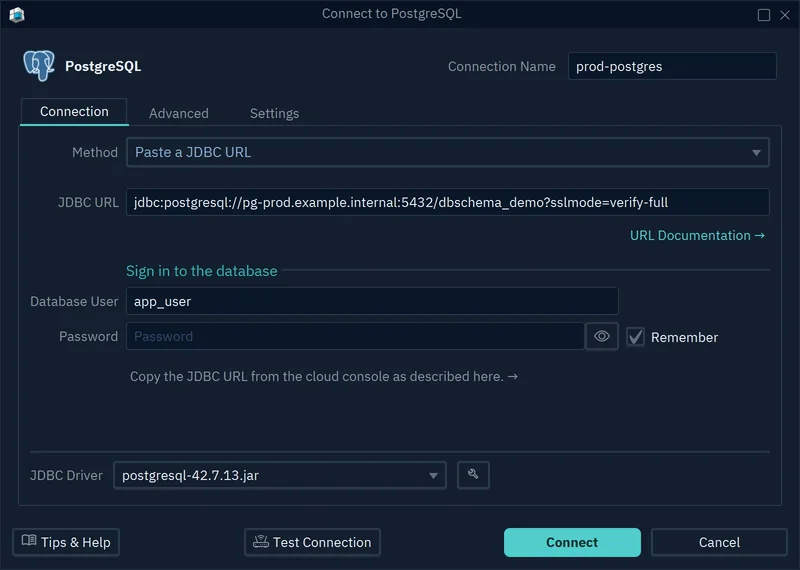 DbSchema Connection Dialog with the Method Paste a JDBC URL, showing a PostgreSQL JDBC URL with sslmode=verify-full and a separate database user