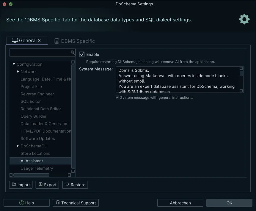 The AI Assistant page of the DbSchema settings: an Enable checkbox and the System Message box, whose default text fills in the DBMS through a $dbms placeholder and asks for queries inside code blocks