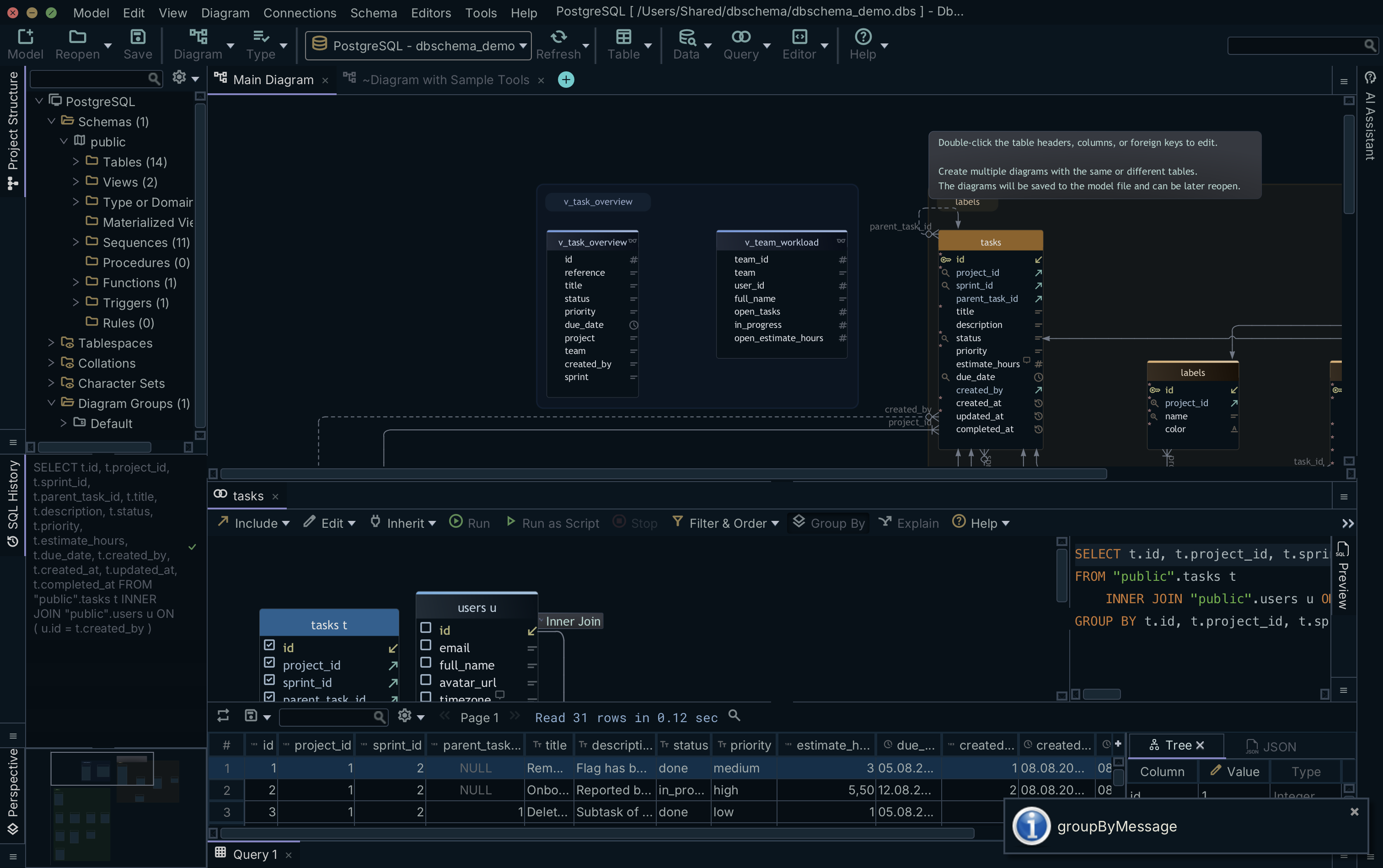 Group By toggled in the DbSchema query builder, adding a GROUP BY clause and per-column aggregate pickers