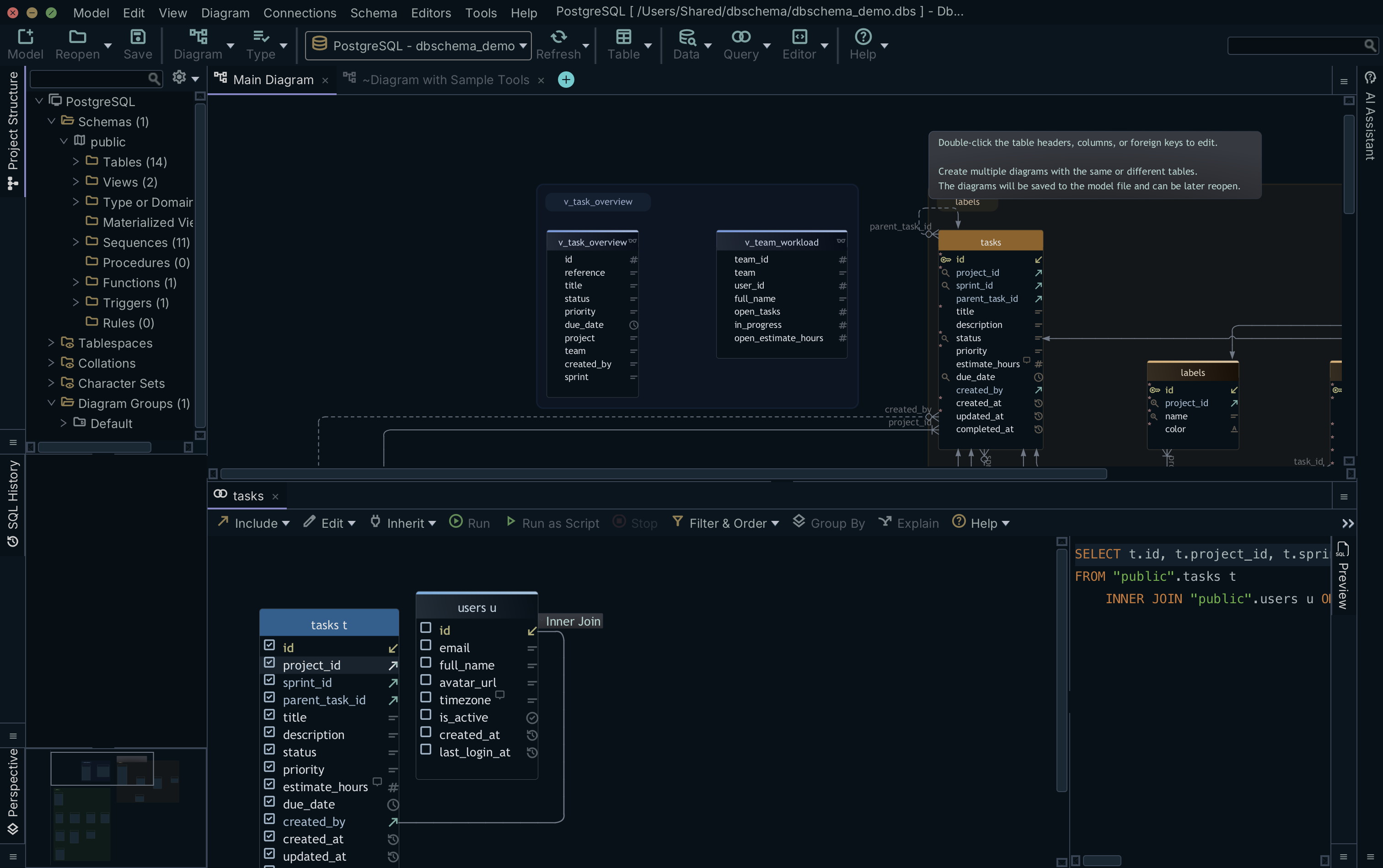 DbSchema visual query builder: tables joined on the canvas with the generated SQL in the preview pane