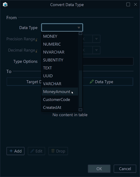 Map Logical Design types to native DBMS types using Conversion Dictionary