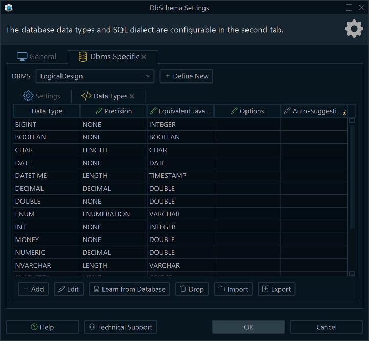 DbSchema Data Types settings with DBMS selector