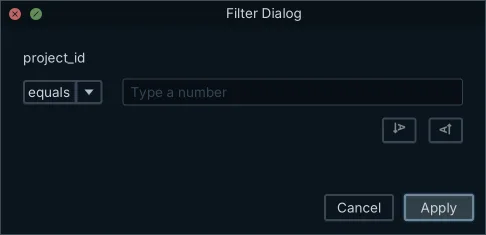 DbSchema filter dialog for one column of the Relational Data Editor, with the operator and value that become the WHERE clause condition