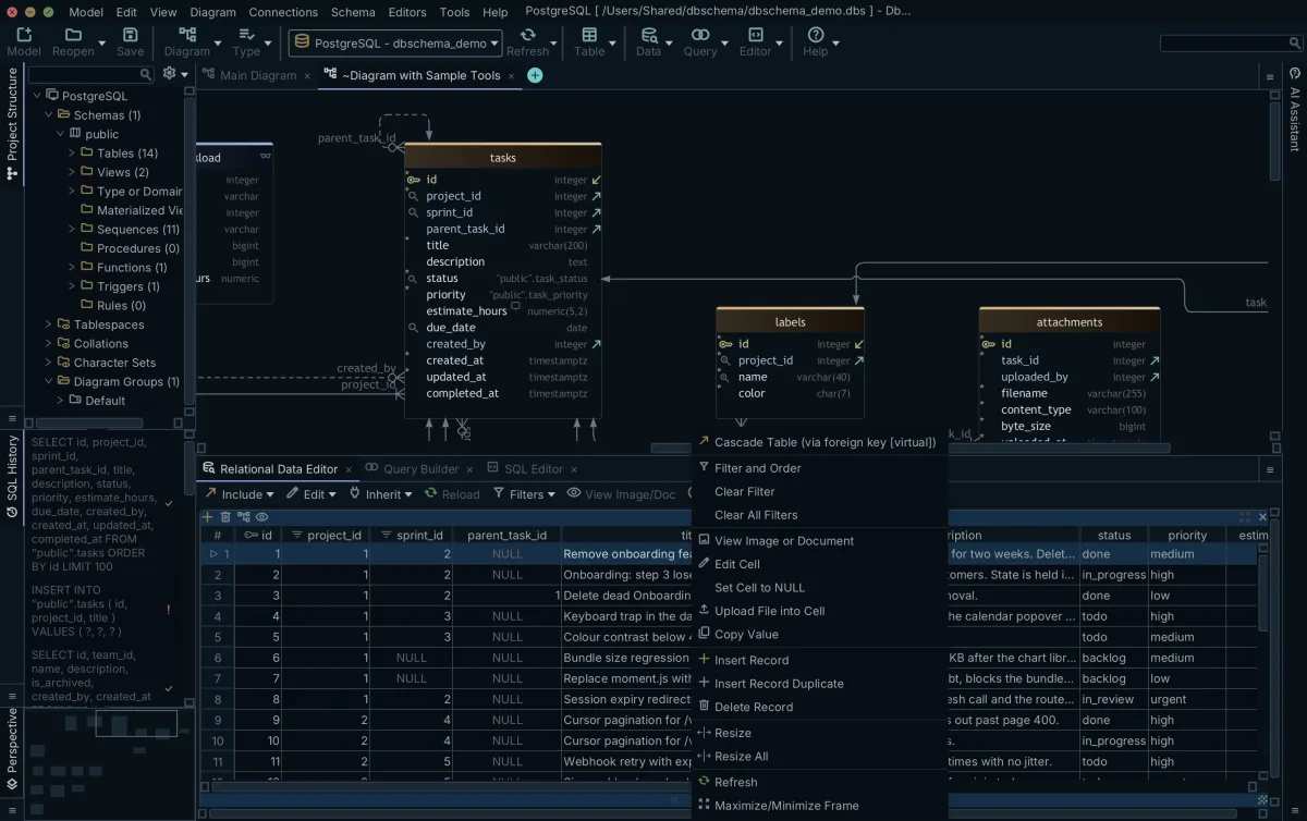 DbSchema Relational Data Editor below the diagram, with the context menu of a cell open over a table's rows
