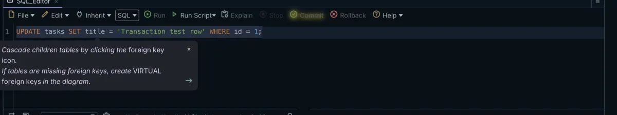 DbSchema's SQL Editor after running an UPDATE, with the modified row count in the status line and the Commit and Rollback buttons active