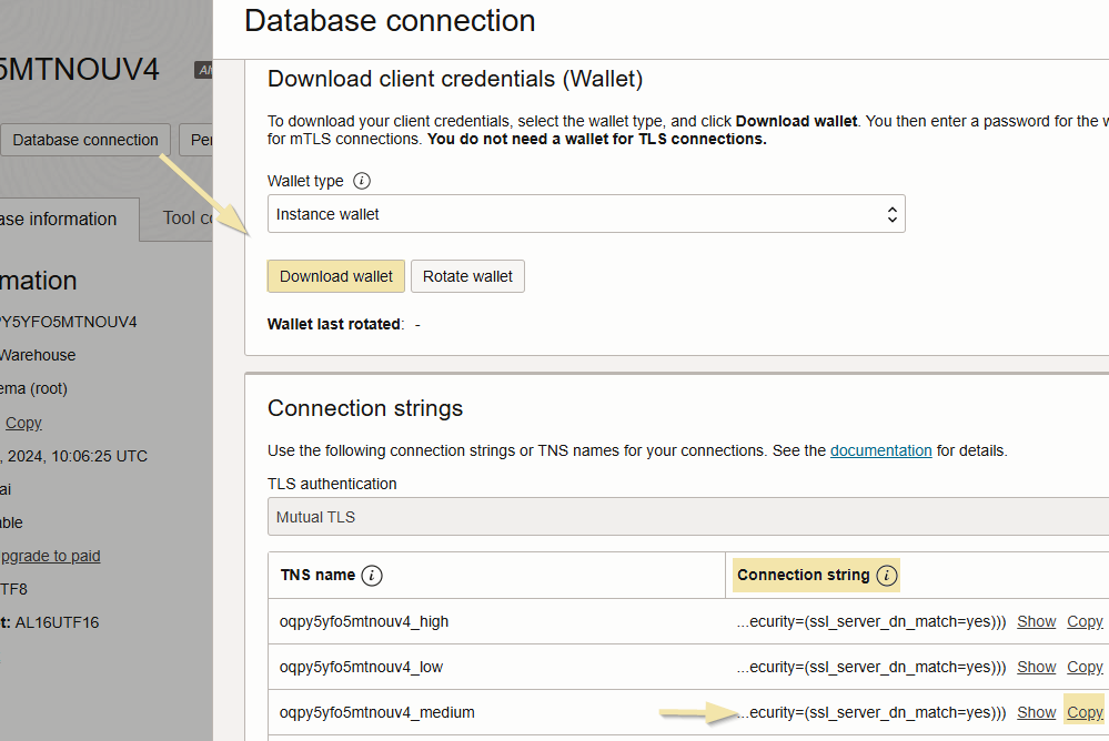 Database Connection & Wallet from Oracle Console