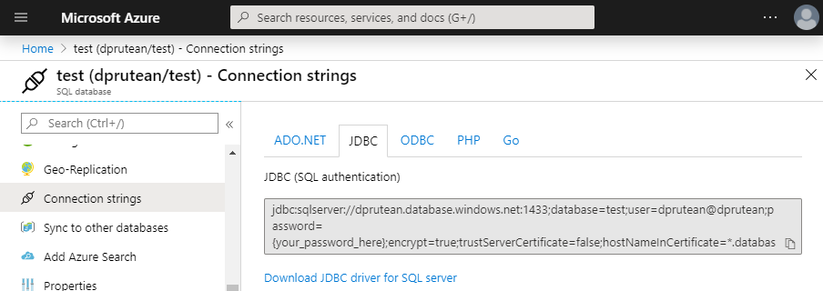 Get the AzureSQL JDBC URL connection string