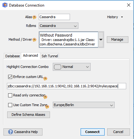 How to configure the Cassandra JDBC URL and connect to the database