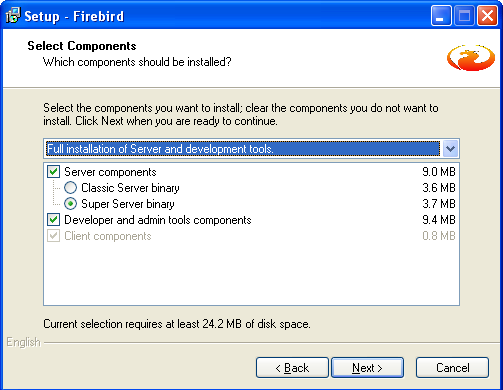 Select the Firebird components to install