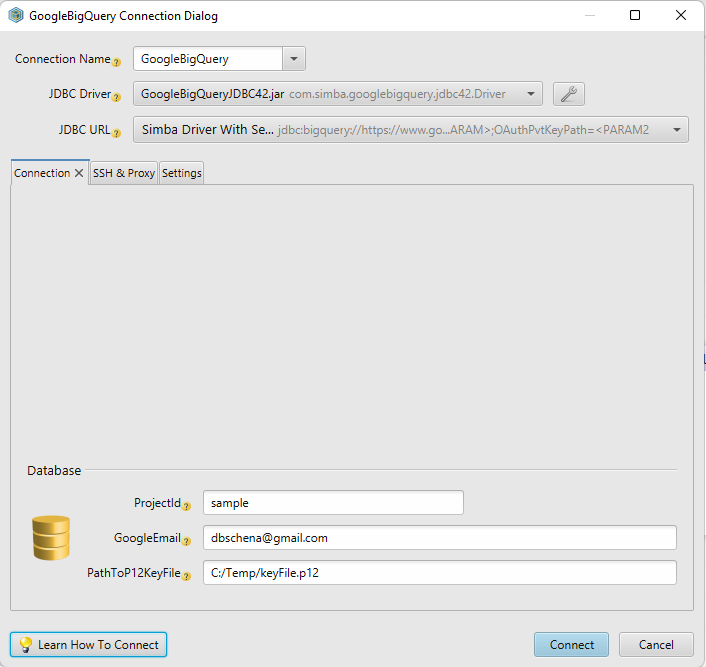 Configure DbSchema connection dialog for Google Big Query