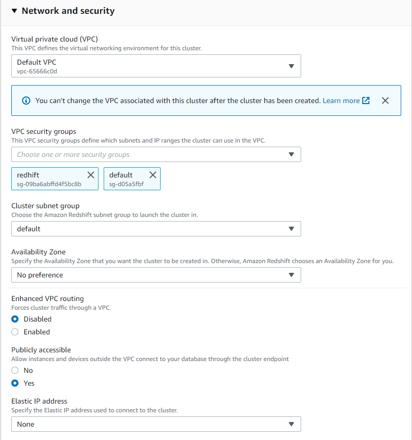 Customize Redshift cluster network settings