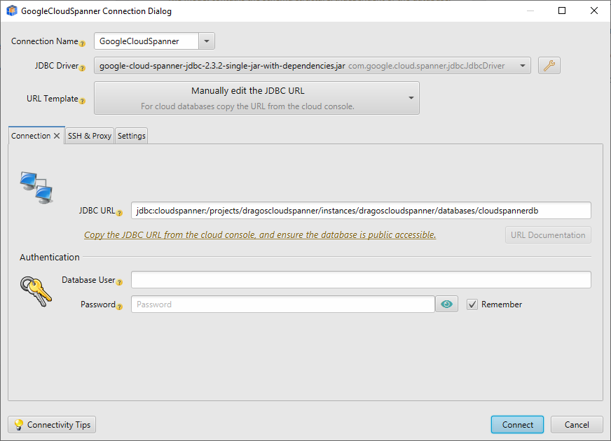 Connect to Google Cloud Spanner in the Cloud