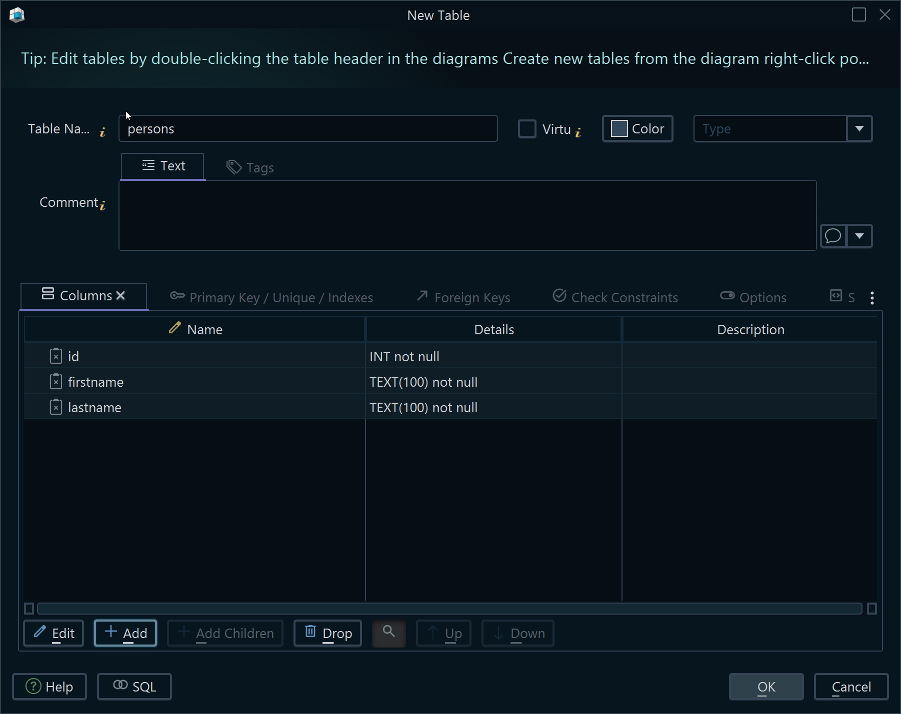 DbSchema's Table Dialog, with the Columns tab and its Add and Drop buttons