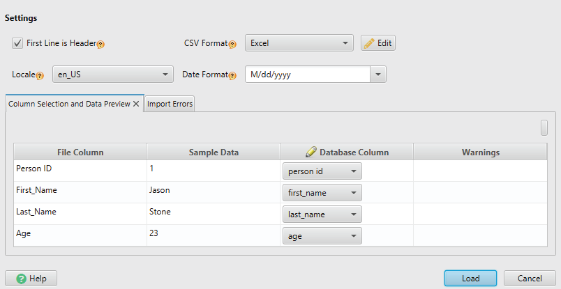 Database Import Settings