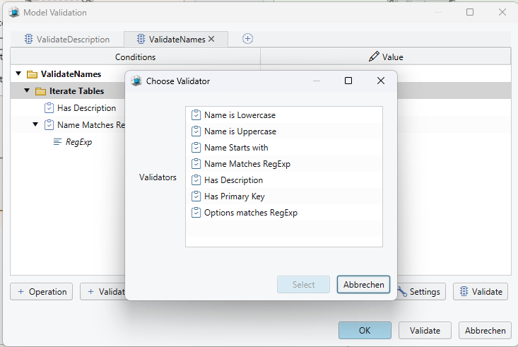 Add a validator condition to the model validation dialog