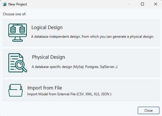 Start the database logical design from the welcome screen.