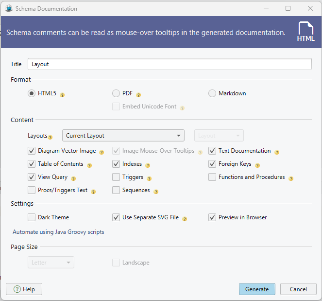 Generate database documentation dialog