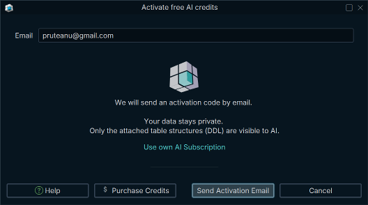 Activate free AI credits dialog, asking for an email address