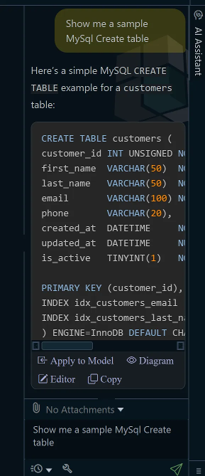 AI Assistant panel in DbSchema