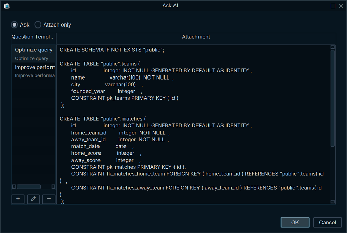 The attachment preview showing the exact CREATE TABLE statements sent to the AI
