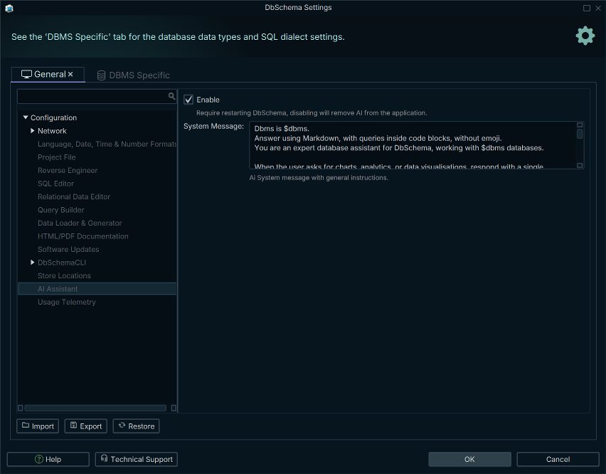 AI Assistant settings with the Enable checkbox and the system message