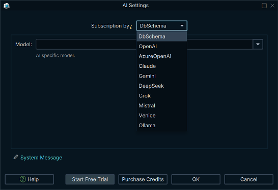 AI Settings dialog with the provider list open