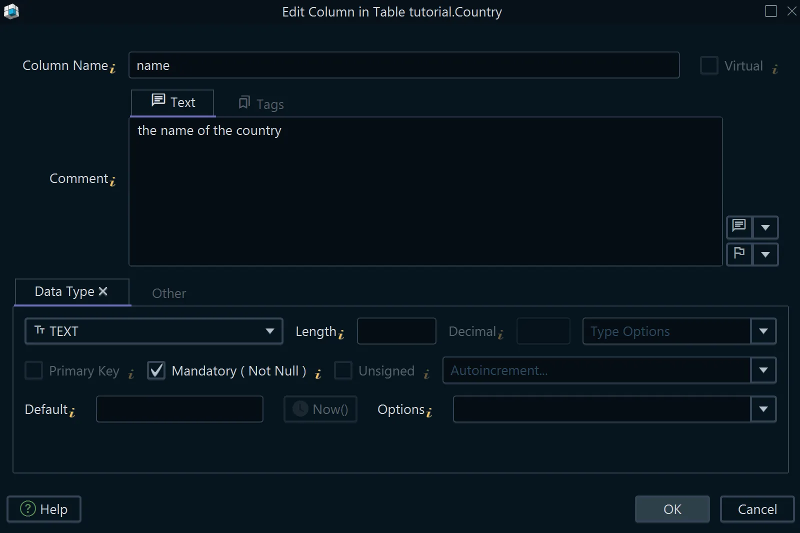 The column dialog showing all column properties