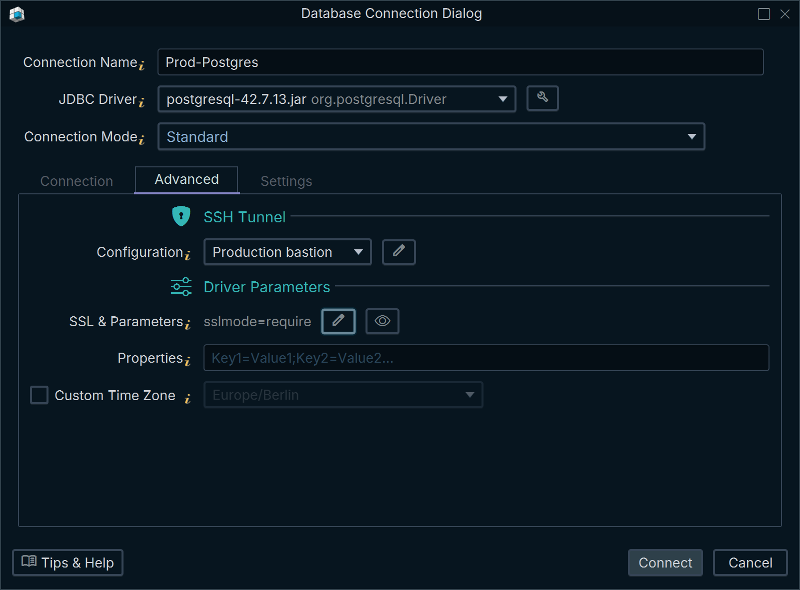 DbSchema Connection Dialog, Advanced tab