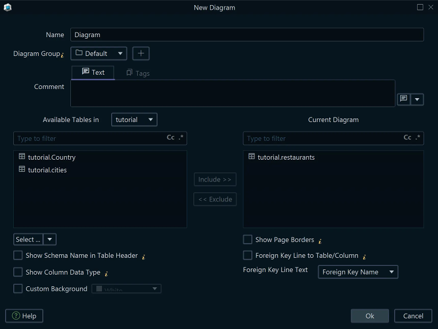 The diagram table dialog