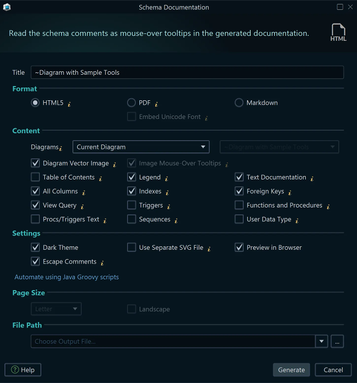 Generate documentation dialog