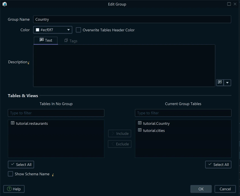 The group dialog for clustering related tables