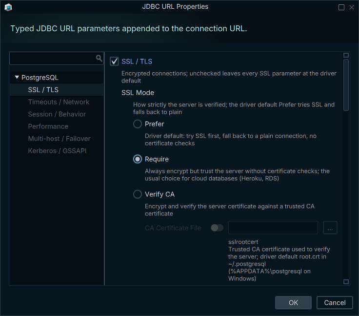 JDBC URL parameters, PostgreSQL SSL settings
