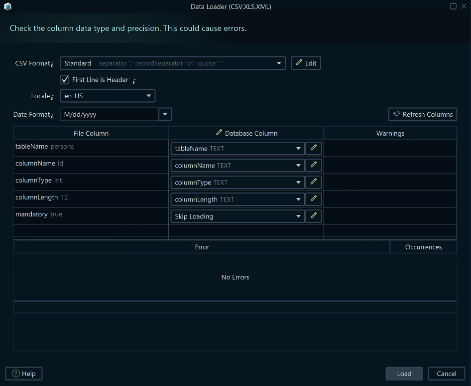 Map columns to schema, table, column, type and length