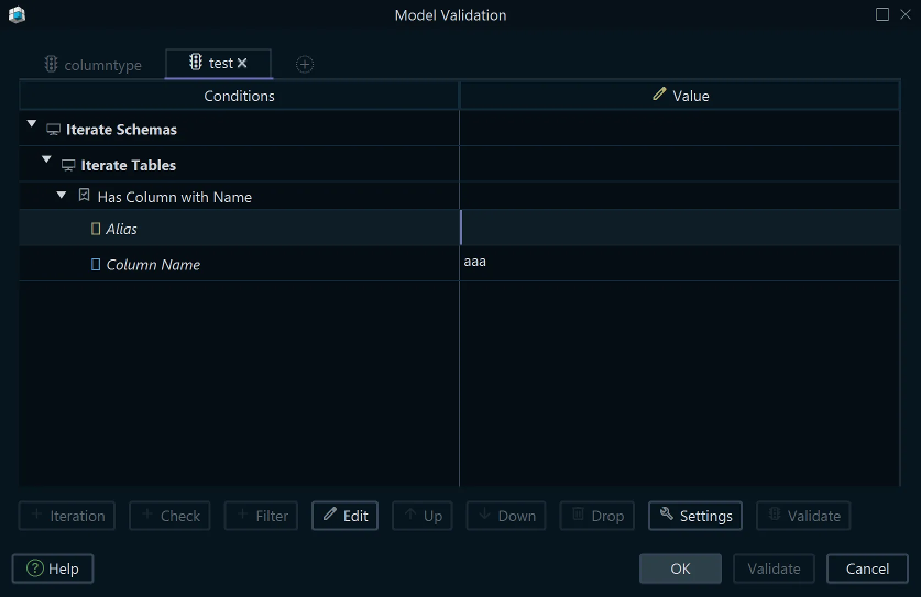 Model Validation dialog