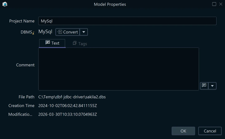 Project Properties dialog for RDBMS conversion