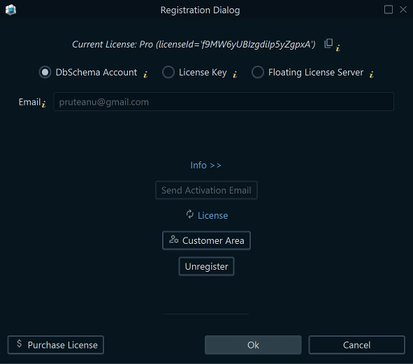 DbSchema Registration Dialog