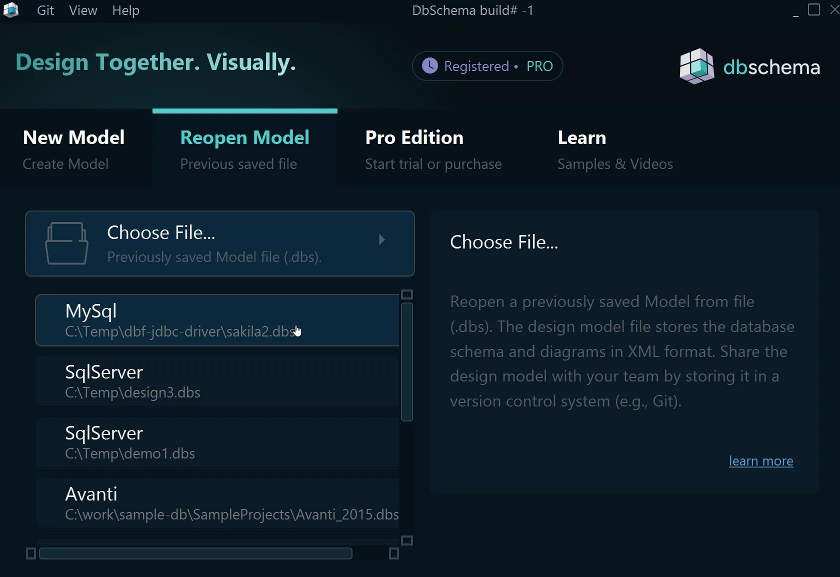 Reopen a DbSchema design model from file