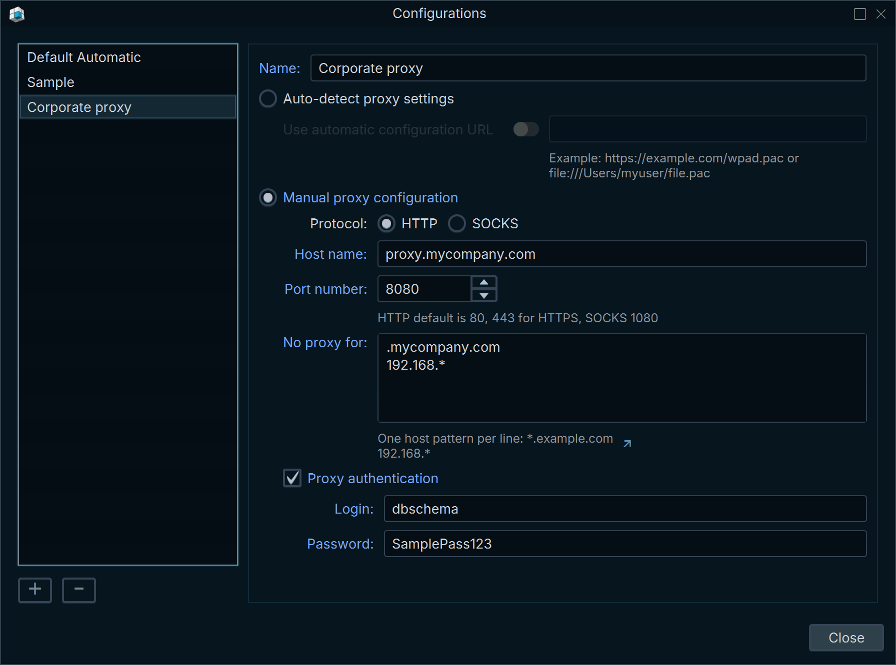 Manual proxy configuration in DbSchema