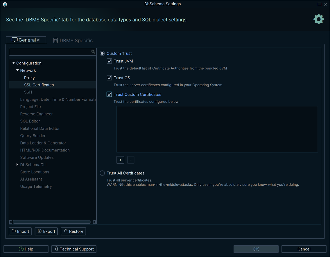 DbSchema SSL certificate trust settings