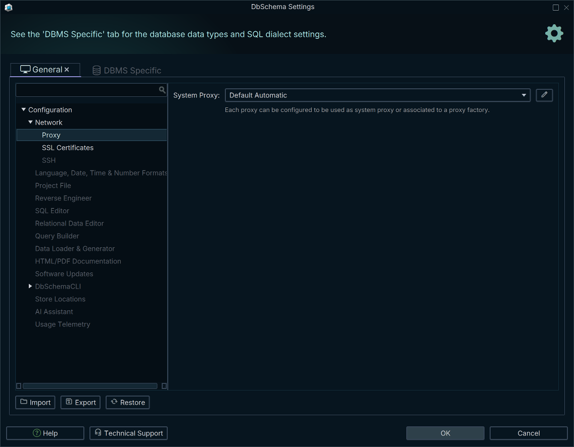 DbSchema network settings, proxy selection