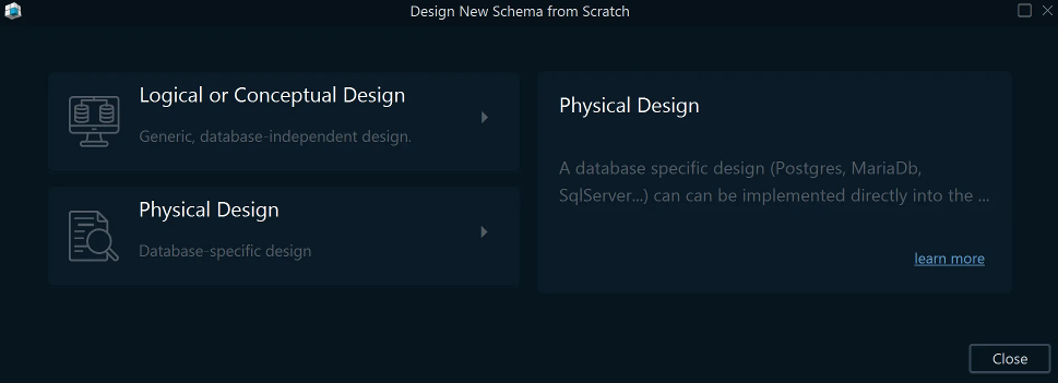 Starting logical design from the DbSchema welcome screen