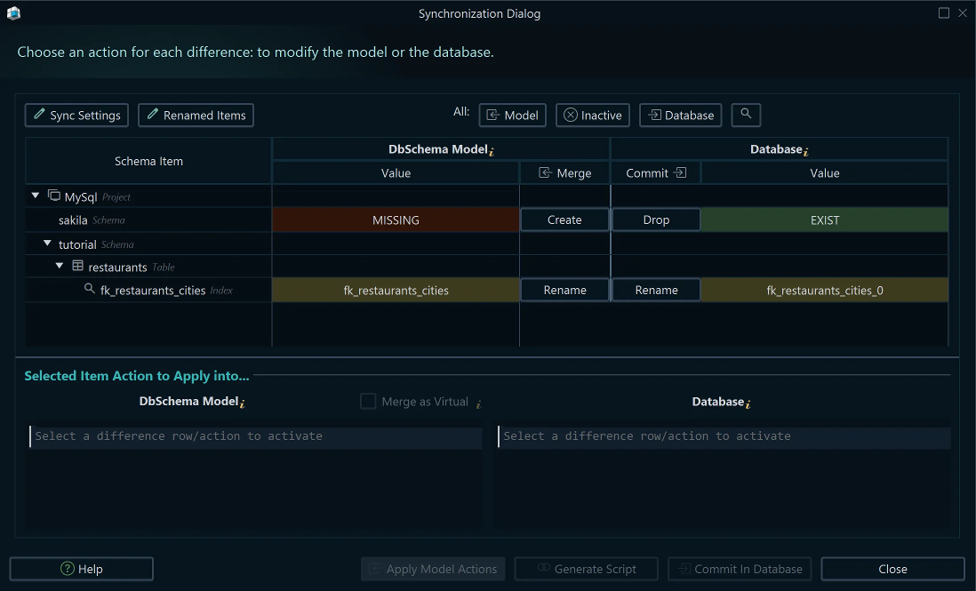DbSchema synchronization dialog