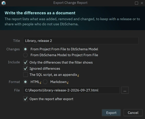 Export Change Report dialog
