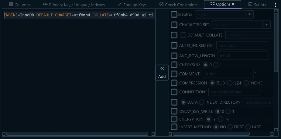 Table dialog options tab