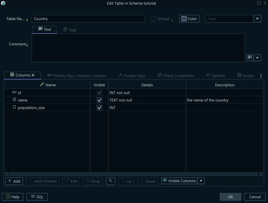The table dialog where you name and configure a table