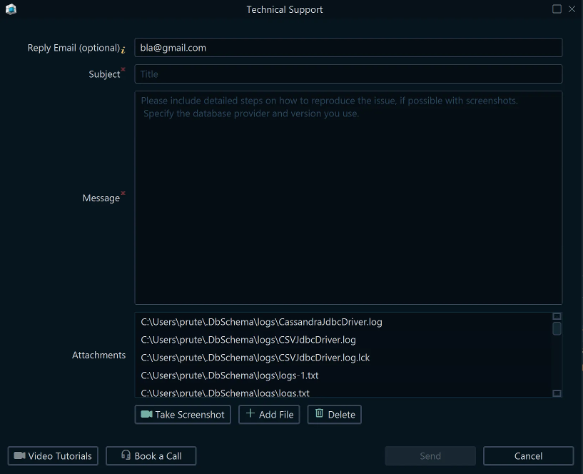 DbSchema Technical Support Dialog