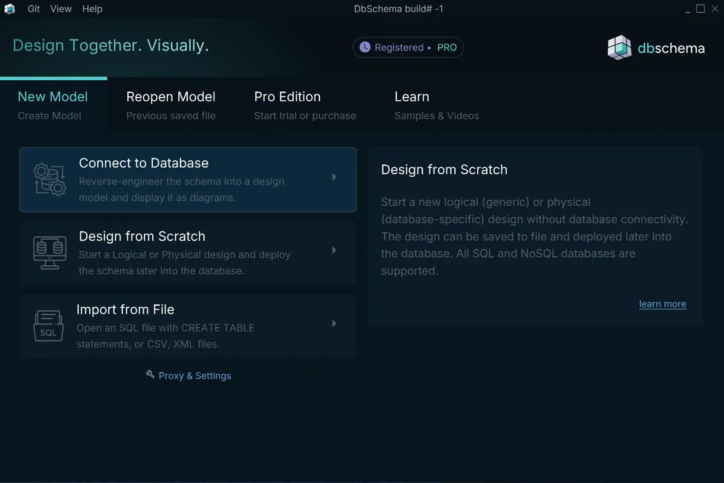 DbSchema start project - connect, design from scratch, or import